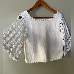 RICO Cotton Knit Chic White Crochet Sleeve Crop Blouse S
